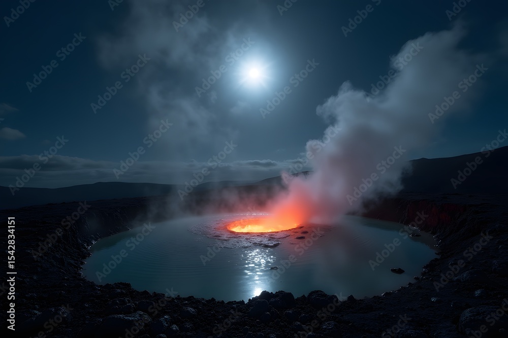 Fototapeta premium Lava pool reflecting moonlight and steam in high contrast. 