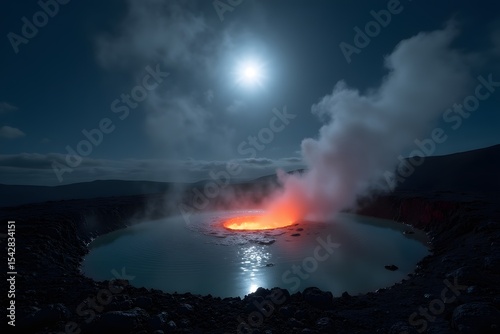 Lava pool reflecting moonlight and steam in high contrast.
