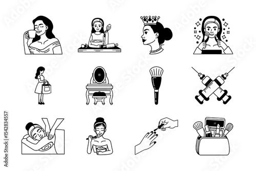 black and white illustration items of woman lifestyle wellness beauty and health