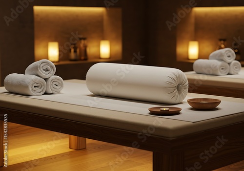 Spa and wellness center showcasing treatment beds with rolled towels and candles