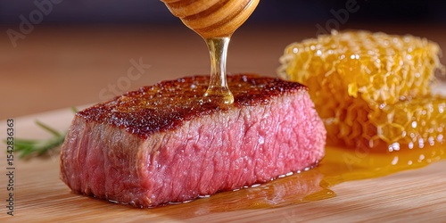 honeycomb dripping honey onto delicious raw steak