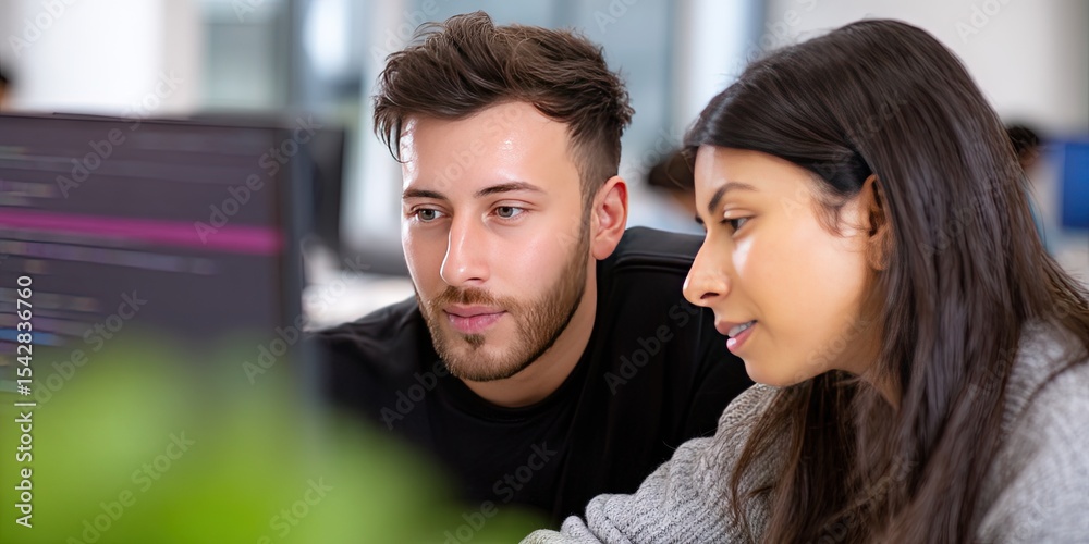 Naklejka premium photo of latino male engineer and a white female engineer working together on monitor analyzing code