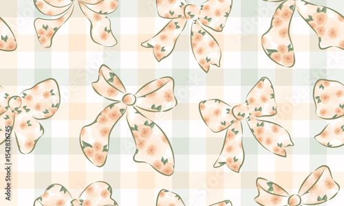 bow ribbon seamless patterns, gift wrapping paper seamless pattern, Vector graphics. happy birthday, anniversary, party, celebration, fabric, textile, beige, olive color, check rose flower and bow