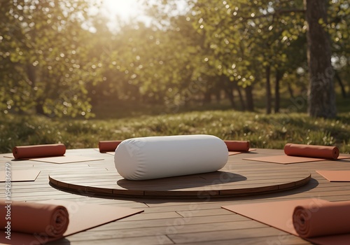 Yoga class setting with mats and bolster outdoors on a wooden platform