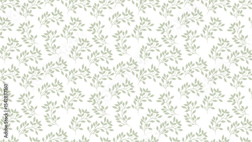 Repeating pattern of small leafy branches with a muted green color on a white background surface texture
