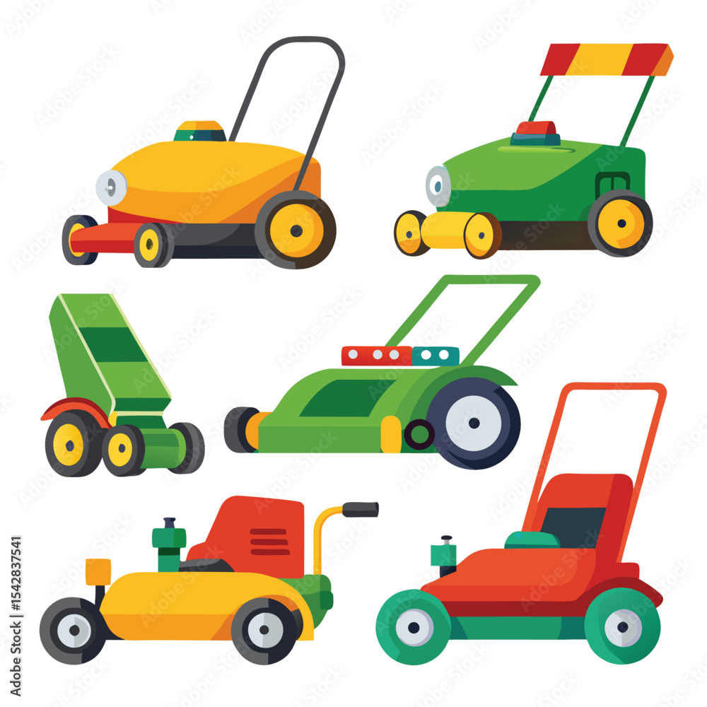 Naklejka premium Six lawn mower set isolated on white background