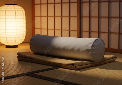 Zen Space Serenity: Meditation Pillow in a Japanese-Inspired Room with Warm Lighting