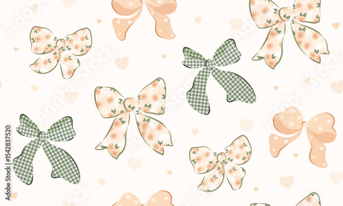 bow ribbon seamless patterns, gift wrapping paper seamless pattern, Vector graphics. happy birthday, anniversary, party, celebration, fabric, textile, beige, olive color, check rose flower and bow