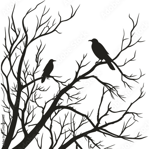 Tree branches with bird silhouette line art illustration