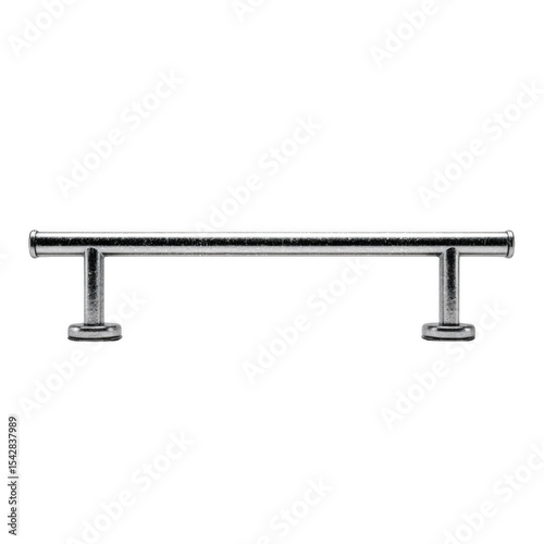 A sleek, modern metal grab bar with two sturdy mounting bases designed for support and stability.