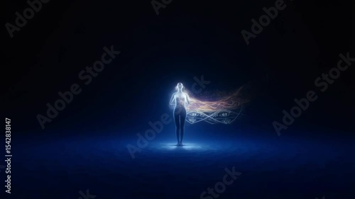 A human figure stands in a dark space. A faint glowing aura surrounds them — pulsing slowly like breath. As emotions change, the biofield reacts