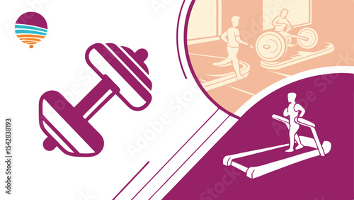 Illustration of a dumbbell, treadmill, and people exercising in a gym with a unique logo design