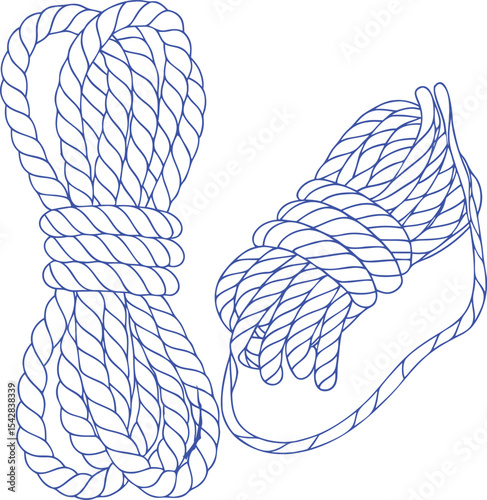 Detailed line art of two coiled ropes, perfect for nautical themes, boating illustrations, marine product design, or camping and survival gear branding in minimalist vector style.
