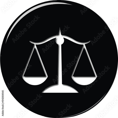 Balance and Judgement: A minimalist and elegant graphic of balanced scales against a sleek black circular backdrop, symbolizing justice, fairness, and legal equilibrium.