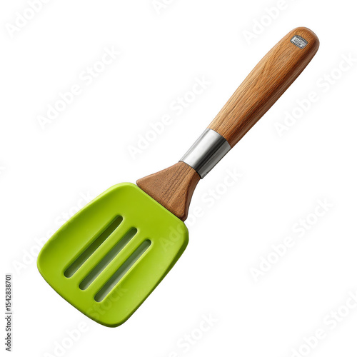 A green silicone spatula with a slotted head and a wooden handle featuring a metal joint.
