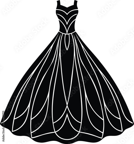 Elegant Black Dress Silhouette with Detailed Skirt and Fitted Bodice Design