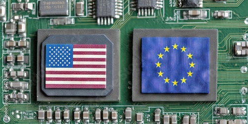  two computer chips on a motherboard. One computer chip has an american flag design. The other computer chip has a EU flag design 