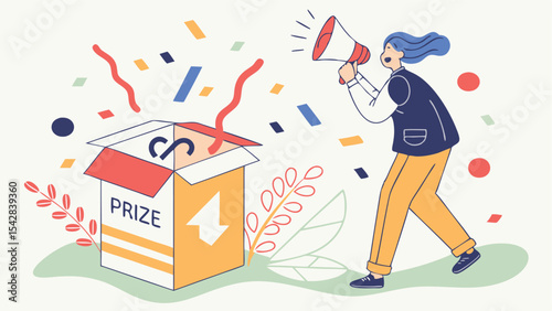Woman announces prize from box with megaphone amidst confetti and foliage in a celebratory scene design