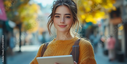 orange sweater mockup with person holding tablet in autumn street


 photo