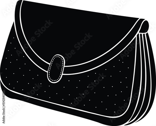Monochrome illustration of a stylish handbag with dot pattern and trim
