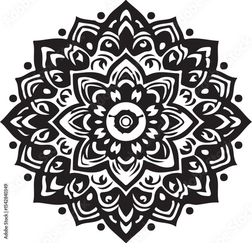 A detailed black and white mandala design with intricate floral and geometric patterns symmetrically arranged