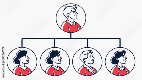 Illustration of a family tree with a man at the top connected to four people below in circles and red shirts