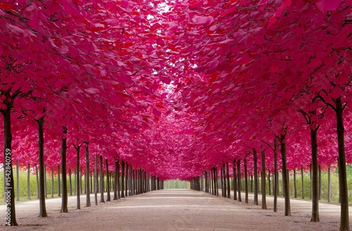 A surreal, symmetrical pathway lined with tall trees on both sides, their leaves in vibrant shades of pink and magenta