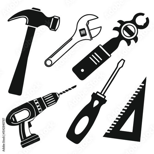 Black and white illustration of various hand tools commonly used in construction and repair