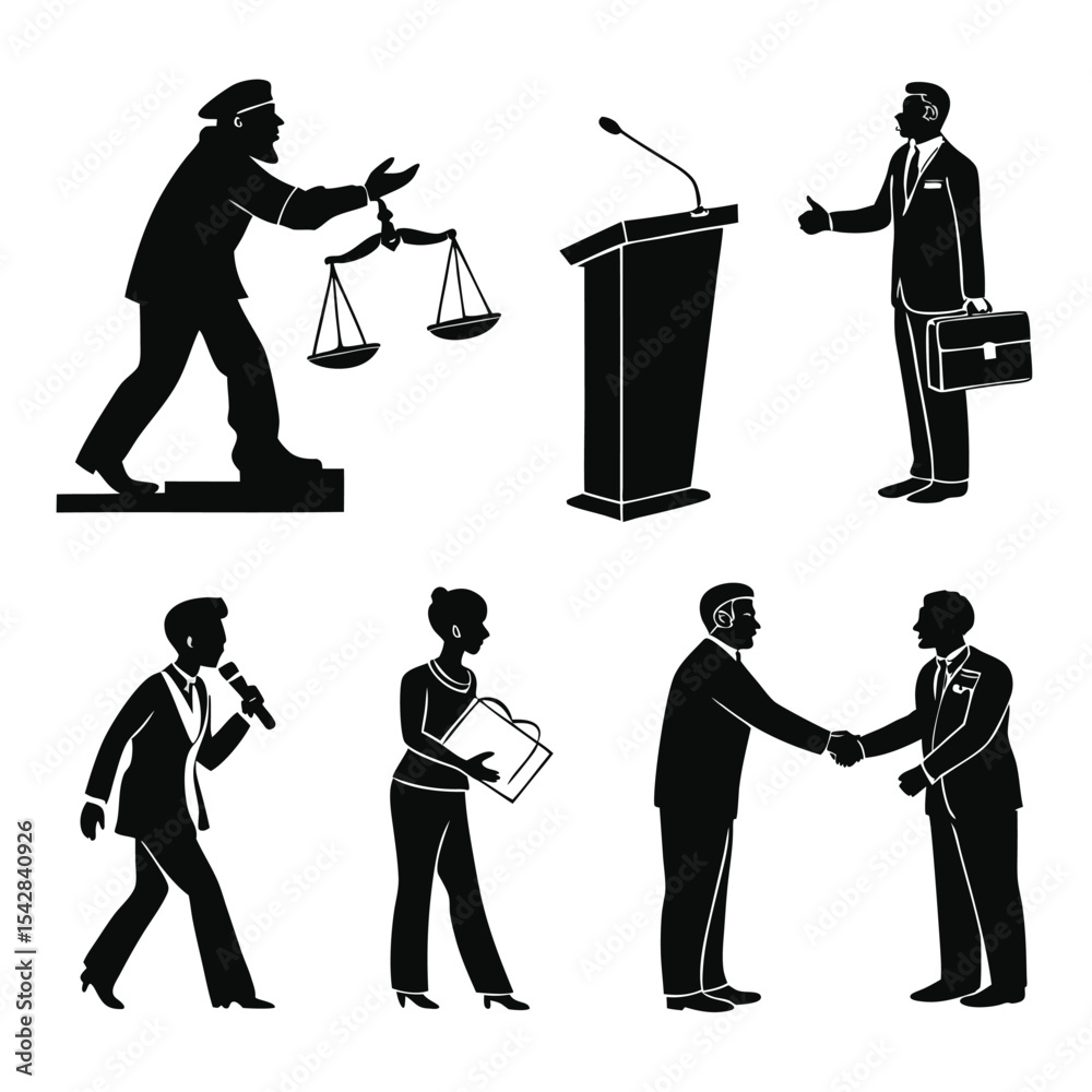 Obraz premium Business and professional silhouettes depicting law justice presenting and networking activities