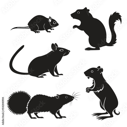 Black silhouette set of various rodents including rat mouse and squirrel on white background