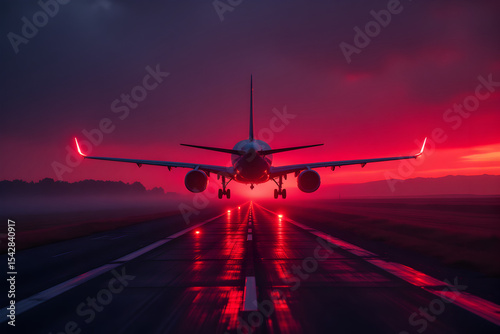 Stunning Nighttime Aircraft Landing on Runway with Dramatic Lighting and Atmospheric Conditions