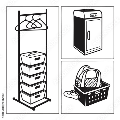 Minimalist black and white home organization items and storage solutions illustration