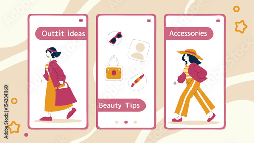 Illustration of three mobile app screens featuring outfit ideas beauty tips and accessories showcase fashion