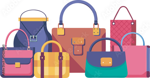 A vibrant collection of stylish handbags and fashion accessories, showcasing diverse designs and sizes perfect for every fashion lover.