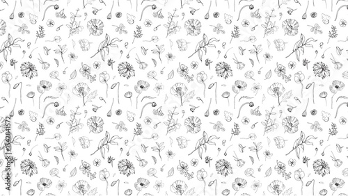 A seamless pattern of sketched flowers and leaves on a white background in a repeating design