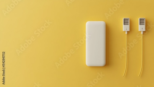 Flat lay of a white rectangular power bank and two yellow charging cables on a mustard yellow surface