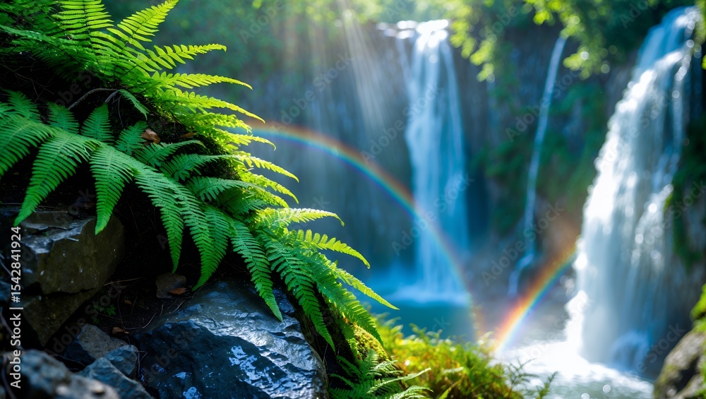 Fototapeta premium Waterfall with Ferns and Rainbow Offers Scenic Natural Beauty