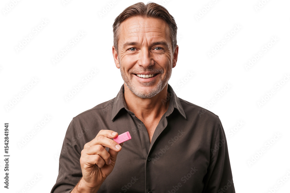 Smiling senior businessman holding a pink eraser, symbolizing correction, revision, or new ideas, isolated on transparent background Smiling senior businessman holding a pink eraser, symbolizing correction, revision, or new ideas, isolated on transparent background