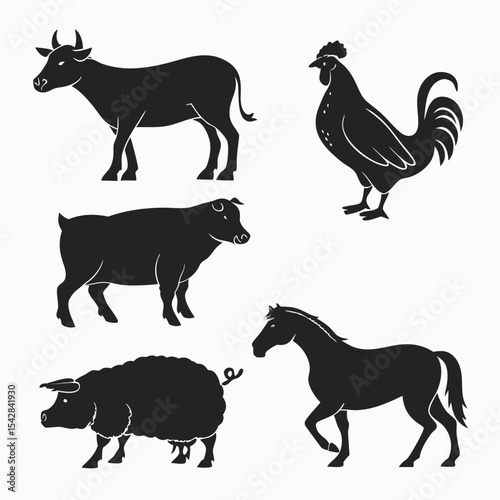 Silhouetted farm animals collection including a cow rooster pig sheep and horse in black color