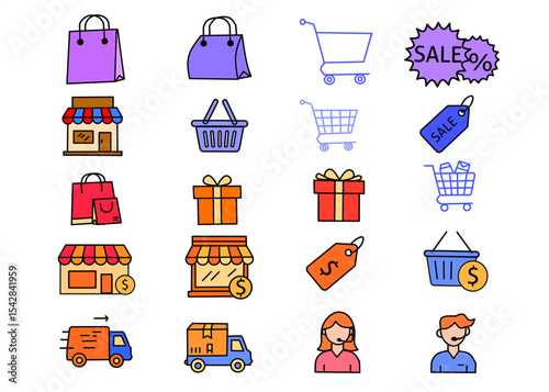 Online retail store sales, ecommerce, purchase, payment for order and delivery color icon set. Gift offer and discount, support service for customer, search flat elements vector illustration