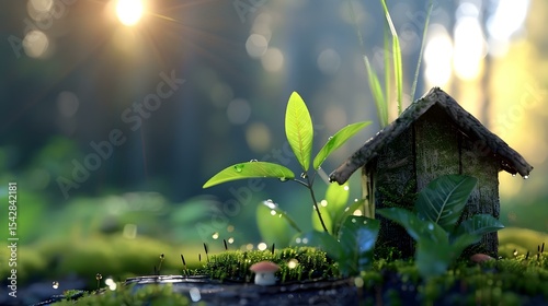 Abandoned Hut in Forest with Dew Drops