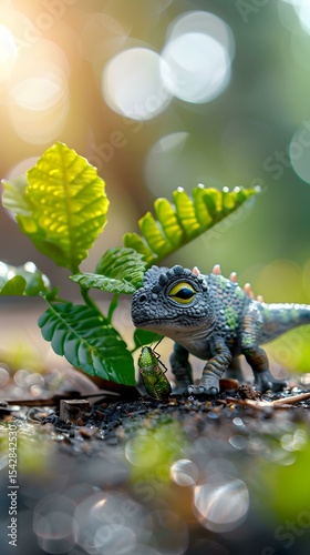 Prehistoric Creature Exploring Tiny Insect in Dense Forest