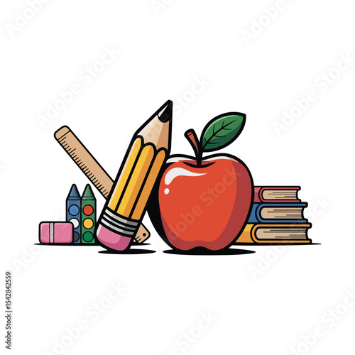 Educational school supplies featuring a pencil apple books crayons and a ruler design