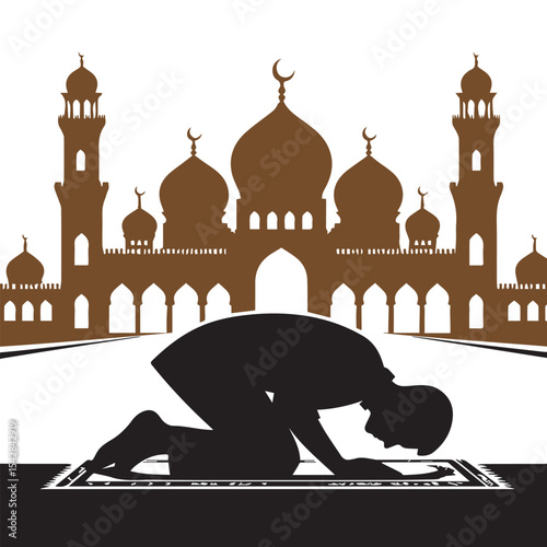 Muslim Man in Sujood with Mosque Silhouette  Black and White Illustration