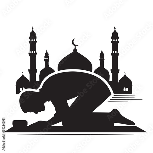 Muslim Man in Sujood with Mosque Silhouette  Black and White Illustration