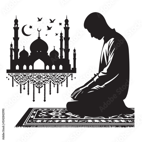 Muslim Man in Sujood with Mosque Silhouette  Black and White Illustration