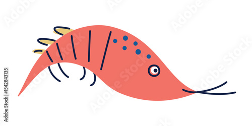 Flat cartoon vector illustration of cute shrimp character with smiling face. Bright marine animal in playful kids style for childrens products, seafood themes, educational materials, nursery decor