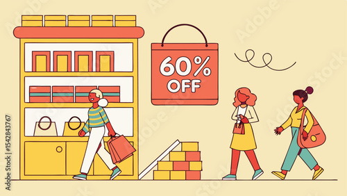Three women shopping at a store with a sixty percent off sale and a display of bags and boxes on shelves