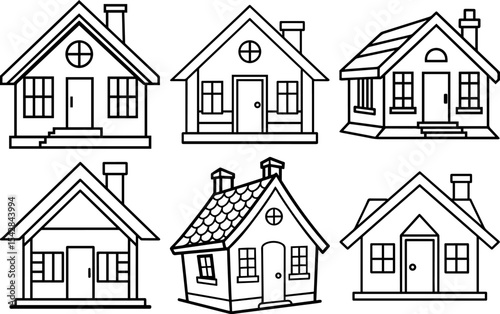 Set of Cottage outline vector illustration line art