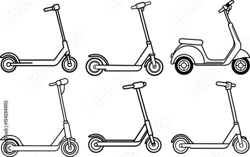 Set of electric scooter outline vector illustration line art